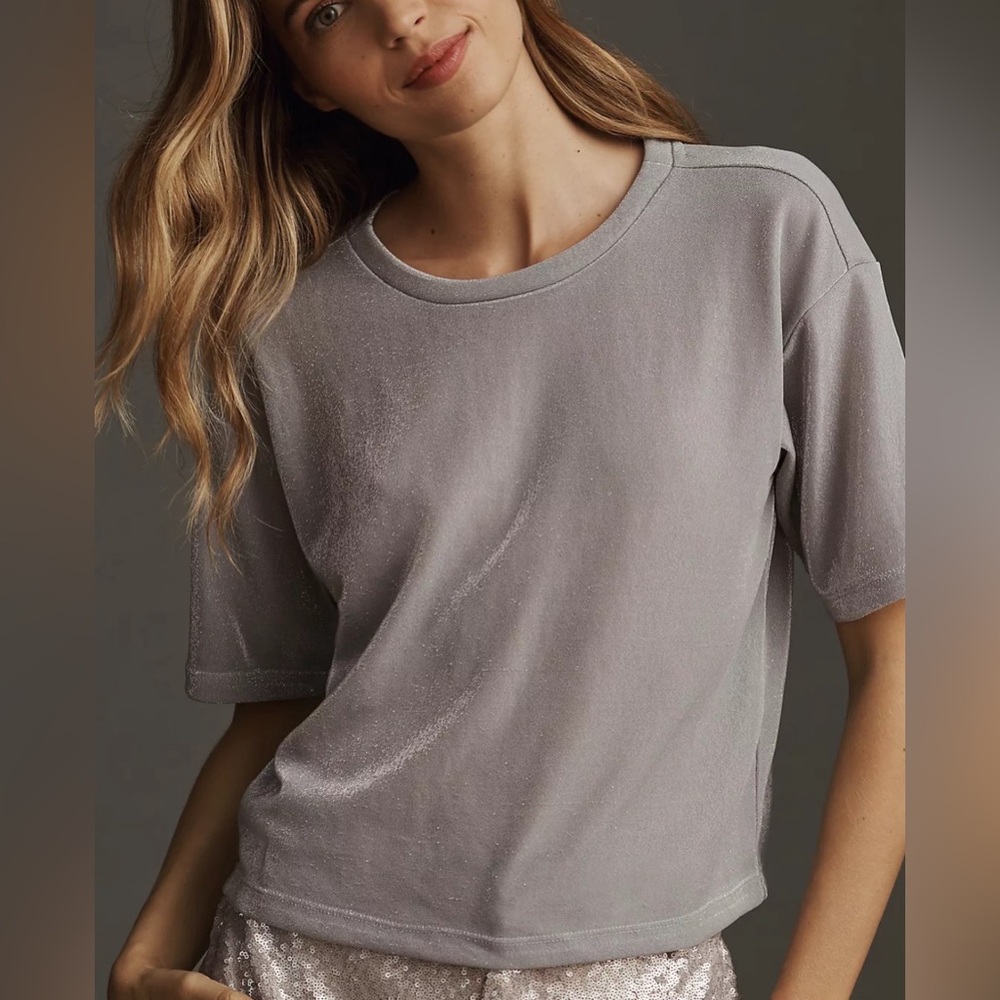 Anthropologie Short-Sleeve Shine Metallic Cropped Tee – Silver/Light Gray, Size